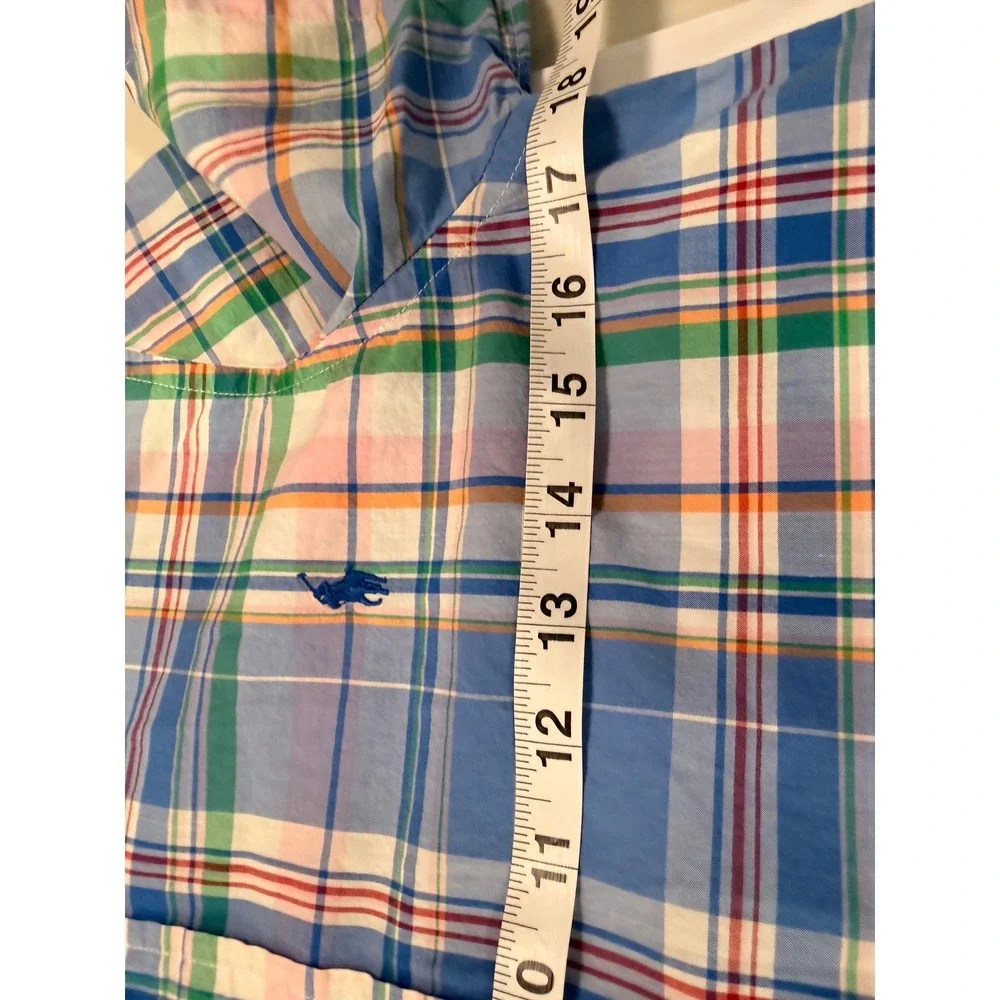 Ralph Lauren Boys Blue Green Orange Plaid Short Sleeve Button Down Shirt L 14-16